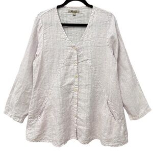 FLAX Lagenlook Linen Tunic Button Front Pink Stripe Pockets Over Sized Top Small